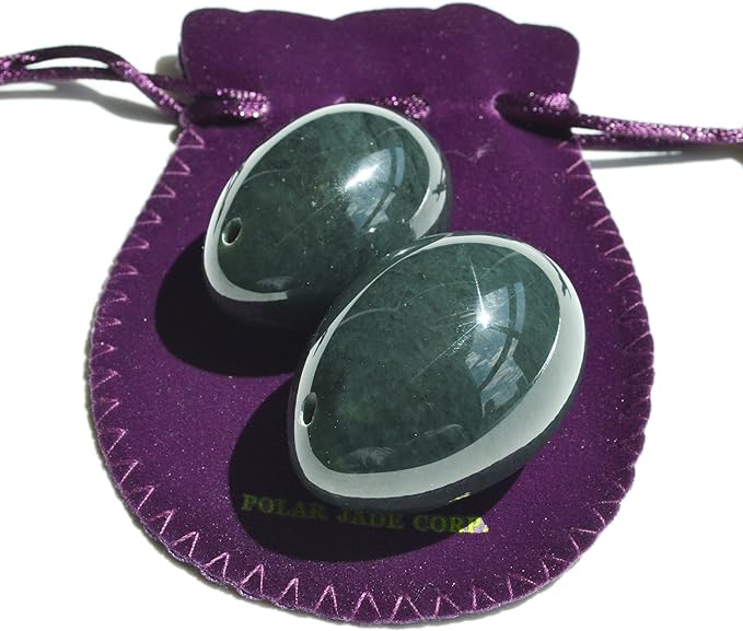 2-PCS Egg Set Made of Real Nephrite Jade for Beginners and Intermediate Users for Wellness Training, Drilled, Large & Medium 2-Size, by Polar Jade
