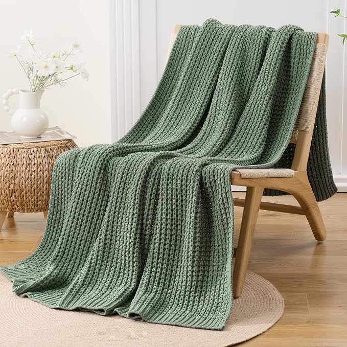 Sage Green Waffle Knit Throw Blanket for Couch, Chenille Blanket 50x60 in | Chunky Knitted Blanket, Soft Green Throw Blanket for Home Decor, Sofa, Spring, Modern Farmhouse Blanket Throw