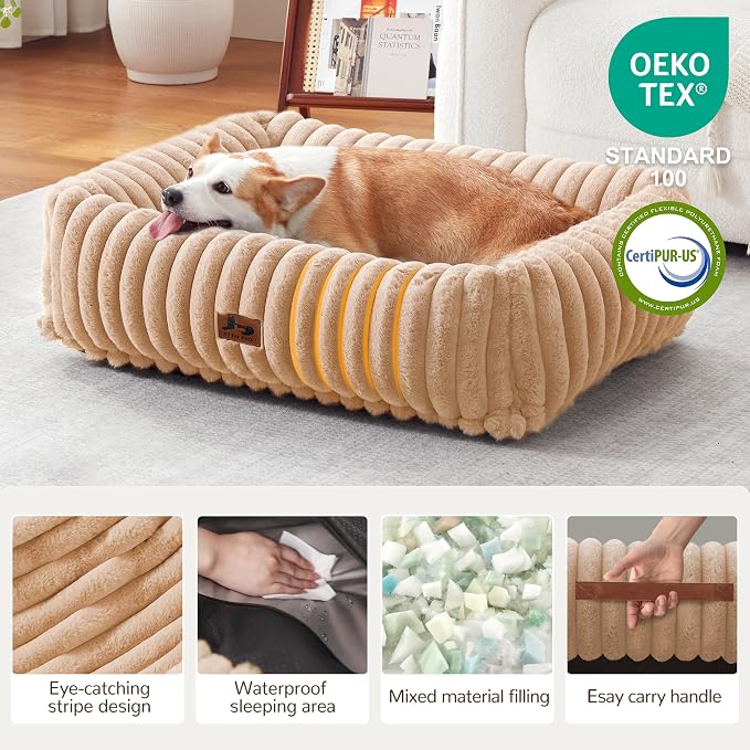 Dog Bed Medium Size Dog, Rectangle Orthopedic Pet Bed for Car and Indoor, Comfort Fluffy Memory Foam Dog Beds with Anti-Slip Bottom, Camel (30x24x8 inches)