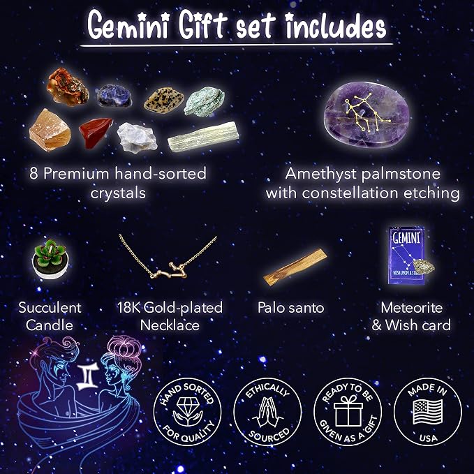 DANCING BEAR Gemini Zodiac Healing Crystals Gift Set (14 Pc): 9 Stones, 18K Gold-Plated Constellation Necklace, Meteorite, Succulent Candle, Palo Santo Smudge Stick, and Info Guide, Made in The USA