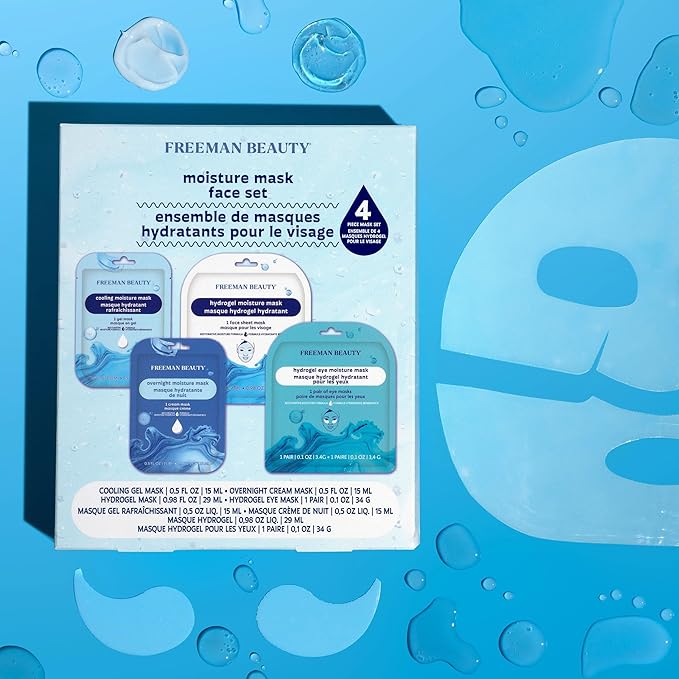 Freeman 4 Piece Moisture Mask Face Set, Hydrating Face Masks & Under Eye Mask For Puffy Eyes, Hydrogel Masks For Dry Skin, Hyaluronic Acid, Travel-Friendly, Vegan & Cruelty Free Skincare