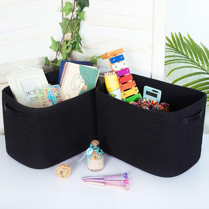 3-Pack Storage Baskets for Shelves, Decorative Baskets for Organizing, Woven Baskets for Storage, Book Basket Cube Bin Box, Pantry Closet, Shoe Organizer, Black / Black