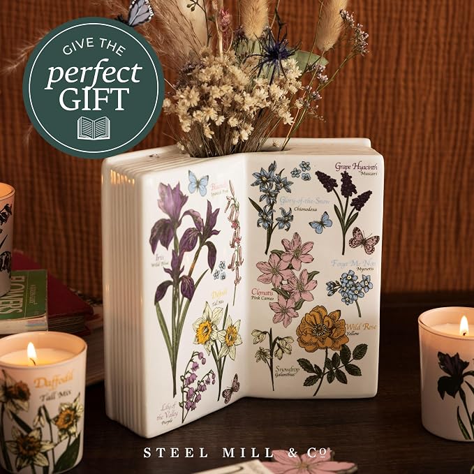 Steel Mill & Co. Ceramic Open Book Vase, Wildflowers | Vintage Inspired Flower Field Guide Decor Sculpture, Novelty Floral & Succulent Container or Bookshelf Sculpture Piece