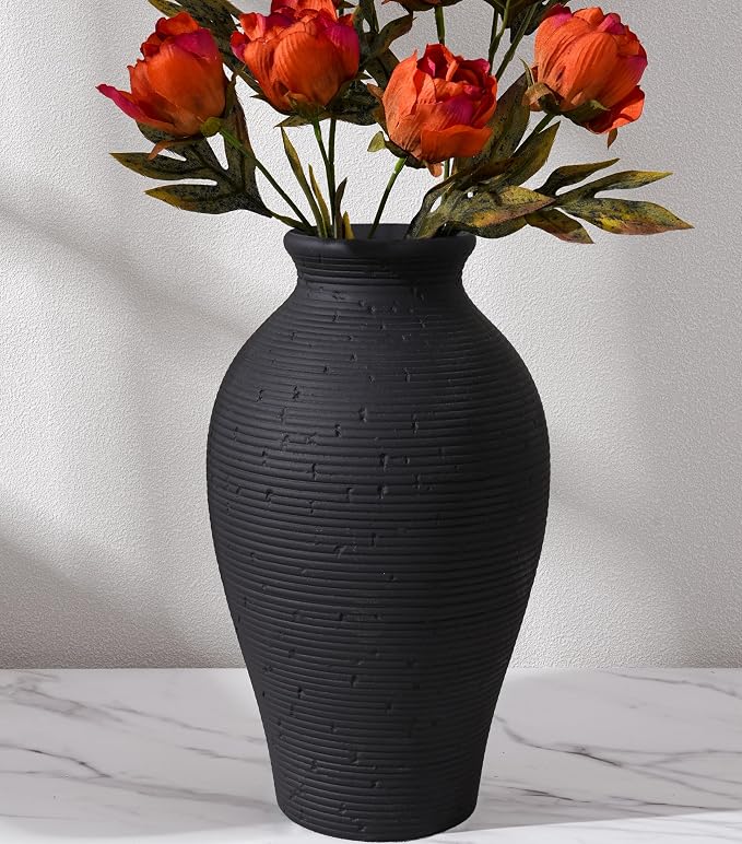 Ceramic Flower Vase Home Decor, 11 in Farmhouse Table Black Vases Rustic Vintage Living Room Kitchen Bedroom Decorations Pottery Decorative Vases for House Shelf Office Coffee Desk Dining Fireplace