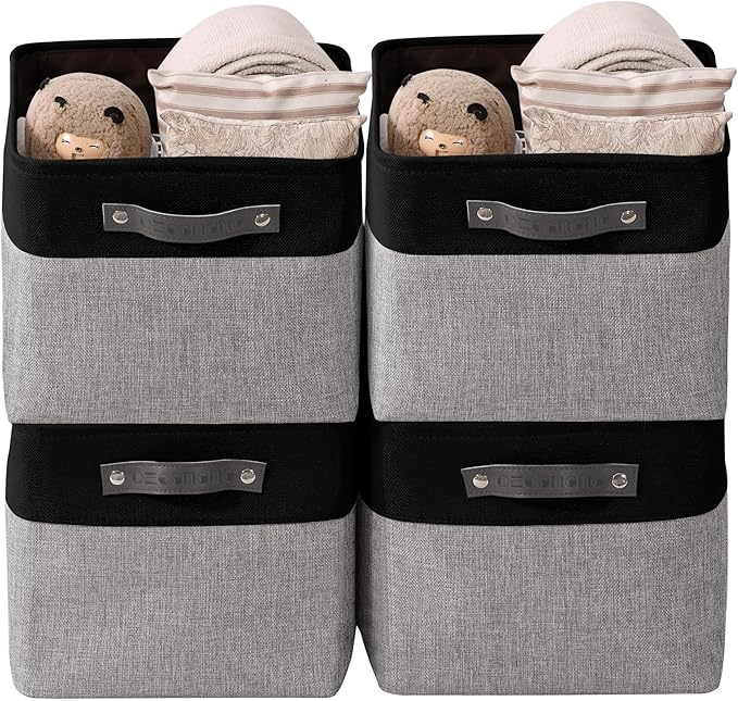 DECOMOMO Storage Bins, Large Fabric Storage Baskets for Shelves 4 Pack | 15 x 11 x 9.5 inches Decorative Linen Closet Organizers (Grey & Black)