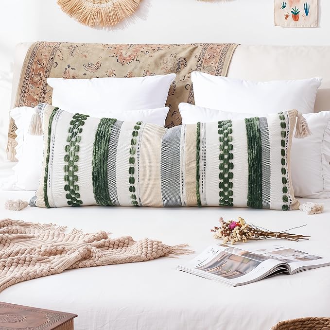 PANOD Boho Long Lumbar Throw Pillow Cover 16 x 36 Dark Green, Chenille Morocan Extra Long Pillow Case Cover, Decorative Long Pillow for Bed Couch Sofa Farmhouse