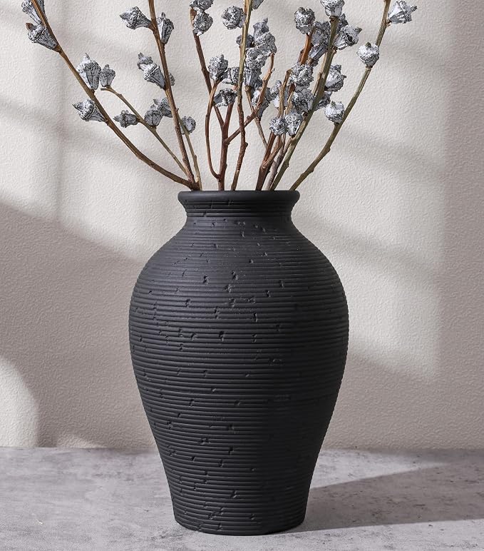 Ceramic Flower Vase Home Decor, 9 in Farmhouse Table Vases Rustic Vintage Living Room Kitchen Bedroom Pottery Decorative Vases for Flowers House Book Shelf Office Coffee Desk Dining Entryway, Black