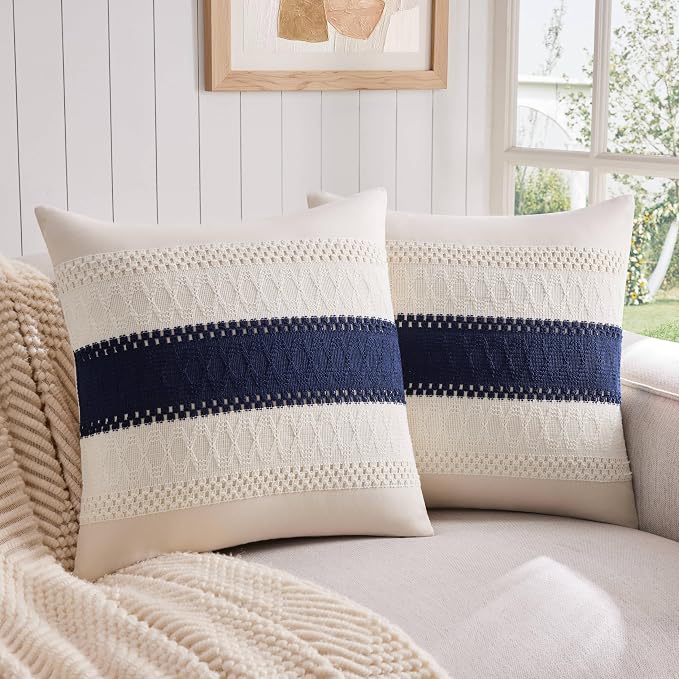 2 Pack Boho Throw Pillow Covers, Contrast Navy Blue 18x18in | Soft Breathable Cotton, Farmhouse Decorative Couch Pillow Cases, Cushion Covers for Sofa Bed Living Room Home Decor