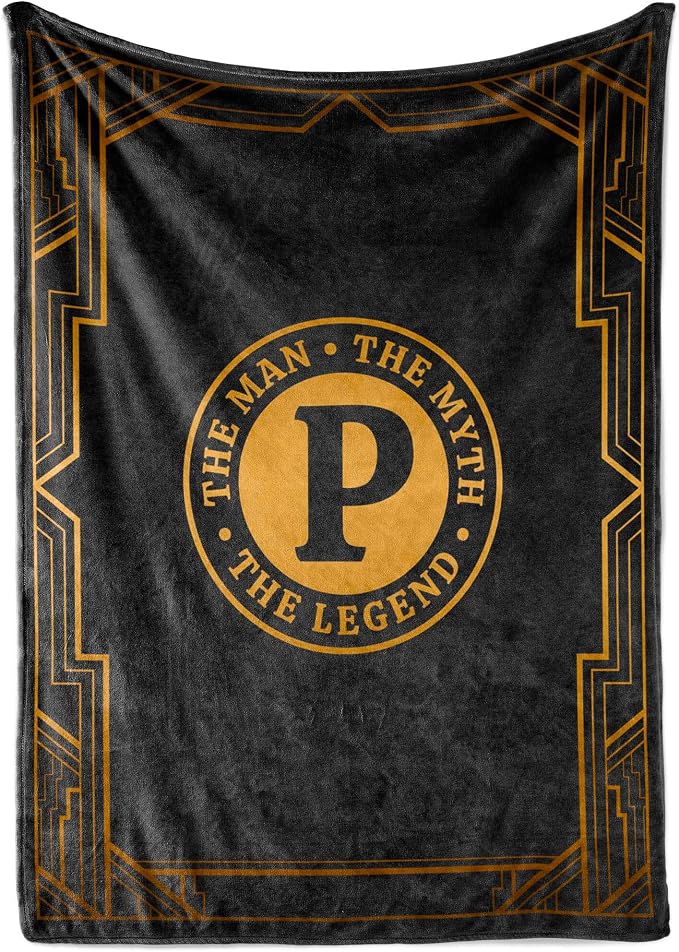 Gifts for Men, Initial Mens Blanket, Birthday Gift for Him, 50"x 65", P | Soft 350 GSM flannel throw with initial legend design for dads, husbands and grandpas, ideal for birthdays or Christmas