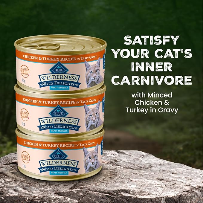 Blue Buffalo Wilderness Chicken & Turkey Wet Cat Food, 3 oz, 24 ct | Wild Delights Meaty Morsels in Tasty Gravy, High Protein & Grain-Free Recipe, Made with Natural Ingredients
