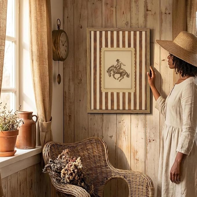 Framed Vintage Western Wall Art, Southwestern Cowboy Horse Canvas Wall Decor Painting, Mid Century Rustic Striped Cowboy Artwork Print Picture for Living Room Bedroom Bathroom 16x24 Inch