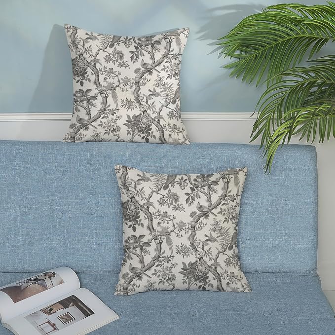 Black Floral Bird Pillow Covers 18x18 Set of 2 Chinoiserie Throw Pillows Black Vintage Flowers Bird Decorative Pillow Cases Outdoor Chinoiserie Decor Farmhouse Cushion Case for Couch Sofa
