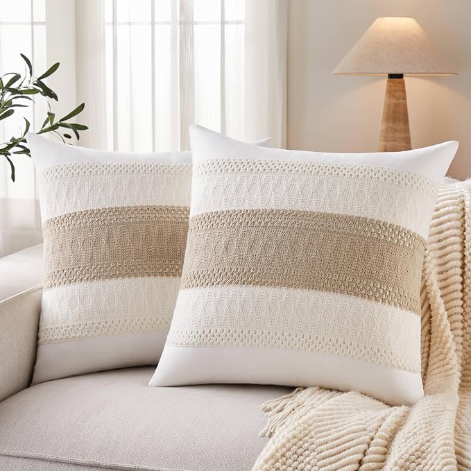 2pk Boho Pillow Covers 22x22, Natural White/Contrast/Taupe | 100% Organic Cotton Body, Stripe Embroidery, Farmhouse Decorative Cushion Covers for Sofa Bed Living Room Home Decor