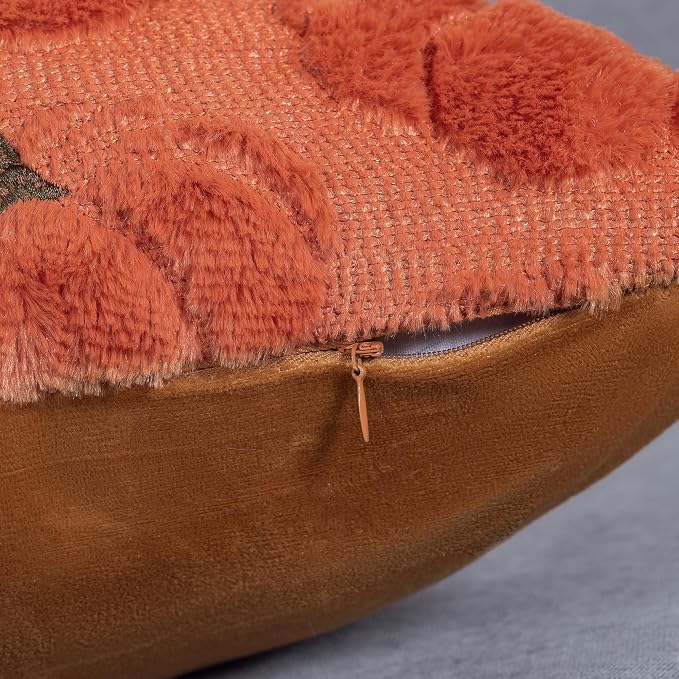 Fall Pumpkins Decorative Pillow Covers 18x18 Set of 2, Dark Rust Red Soft Plush Faux Fur Wool Farmhouse Throw Cushion Cases for Autumn Thanksgiving Holiday Home Decorations
