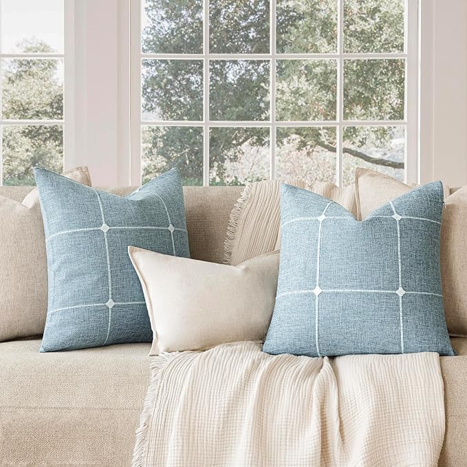 Foindtower Pack of 2 Decorative Faux Linen Jacquard Check Throw Pillow Covers Farmhouse Cushion Cover with Grid Textured Accent Pillowcase for Couch Sofa Living Room Home Decor,16×16 Inch,Light Blue