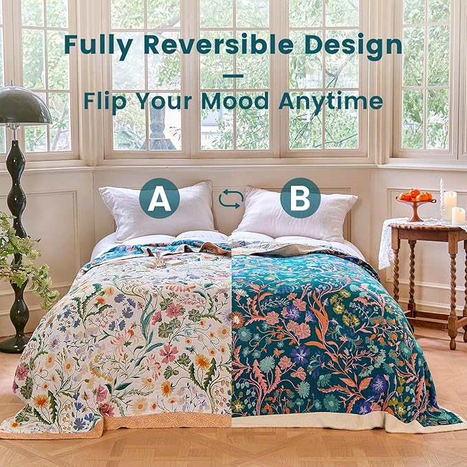 MSGKV Boho Throw Blanket 50"x60" Cotton Floral Blanket for Couch Bed Decor | 100% Cotton Throw, Colorful Floral, Reversible Blanket, Couch Bed Decor, Road Trip Blanket, Farmhouse Decor, Machine Washable