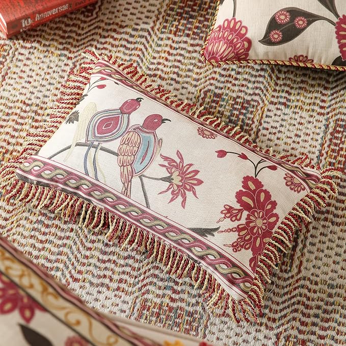 patdrea Designer Vintage Linen Throw Pillow Cover,12"x20"-Schumacher E | Elegant Decorative Pillow Case,Bird Pattern with Fringe Trim,Cushion Coverfor Couch Living Room Bedroom Sofa