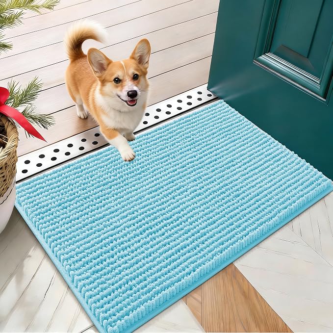 OLANLY Dog Door Mat for Muddy Paws 24x16, Extra Absorbent Chenille Mud Mat | Blue, Absorbs Moisture and Dirt, Non-Slip Machine Washable Doormat, Quick-Drying Indoor Entryway Floor Mat for Dogs
