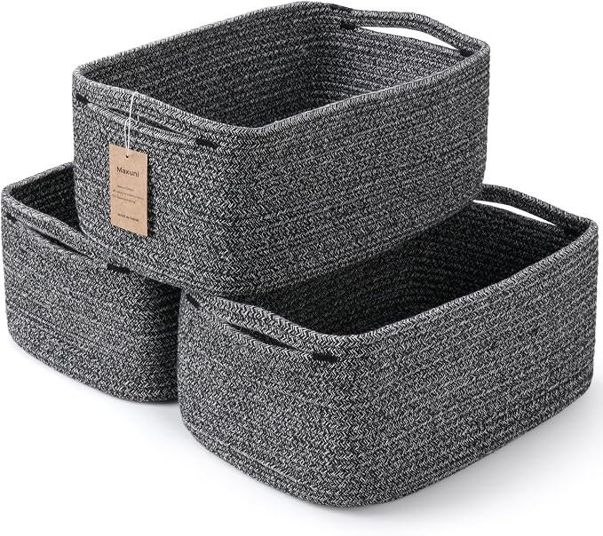 3 Pack Small Storage Baskets for Organizing, 11.8×7.8×5.1", Mixed Black | Woven Baskets for shelves, Cotton Rope Basket for Gifts Empty, Closet Organizer Bins with Handles, Cube Decorative Box