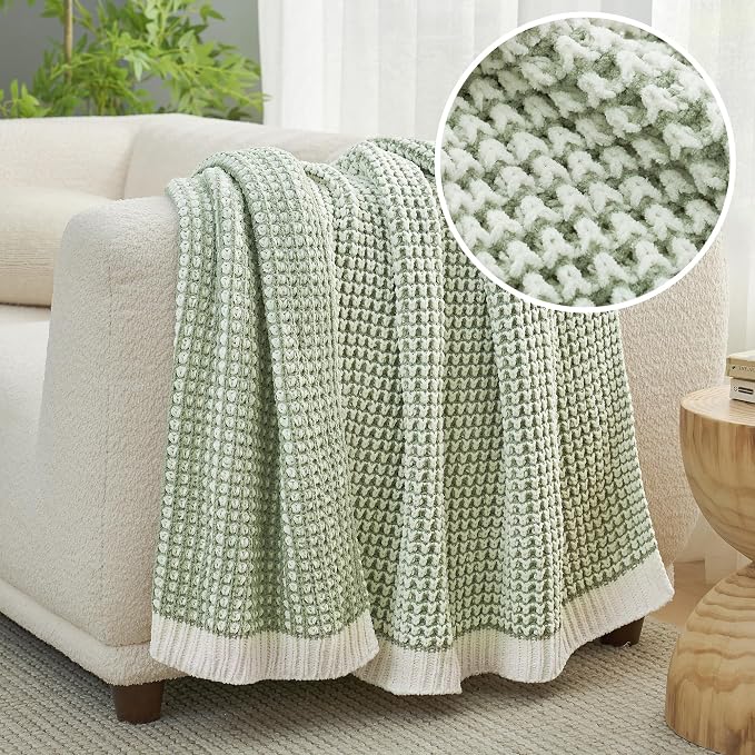 Knit Throw Blanket, Soft Chenille Cozy Breathable Pineapple Chunky Decorative Blanket for Couch, Bed & Sofa, French-Inspired Lightweight Warm Gift for Women, Sage Green, 60"x80"