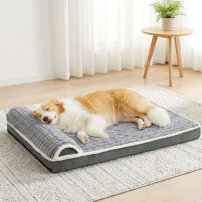 Orthopedic Large Dog Bed Pillow Pet Sofa Bed 42''X28'' Grey | Egg-Crate Foam Pet Couch Large Sized Dog, Waterproof Removable Washable Cover,Furry Puppy Crate Mat With Nonskid Bottom