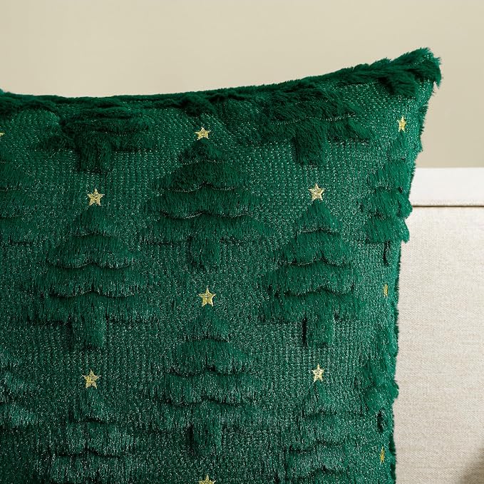 Softalker Christmas Throw Pillow Covers 18 x 18 Inch Set of 2, Xmas Winter Christmas Tree Faux Fur Cushion Covers, 3D Embroidered Pillow Cases for Couch Bedroom Living Room Decor, Green
