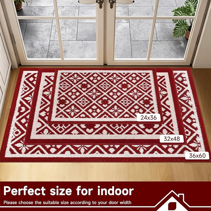 Ileading Christmas Entrance Door Mat, Absorbent Dog Mats for Muddy Paws, Low-Profile Small Red Xmas Decor Kitchen Runner Rug with Non-Slip Backing, Machine Washable Entryway Welcome Mat(Red 24"X36")