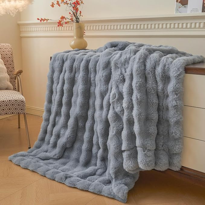 LIFEREVO Luxury Fluffy Faux Rabbit Fur Throw Blanket 60x80, Gray | Plush Fuzzy Bubble Lap Throw for Couch Sofa Office, Soft Cozy Furry Bed Blanket Home Decoration, Washable & Skin-friendly