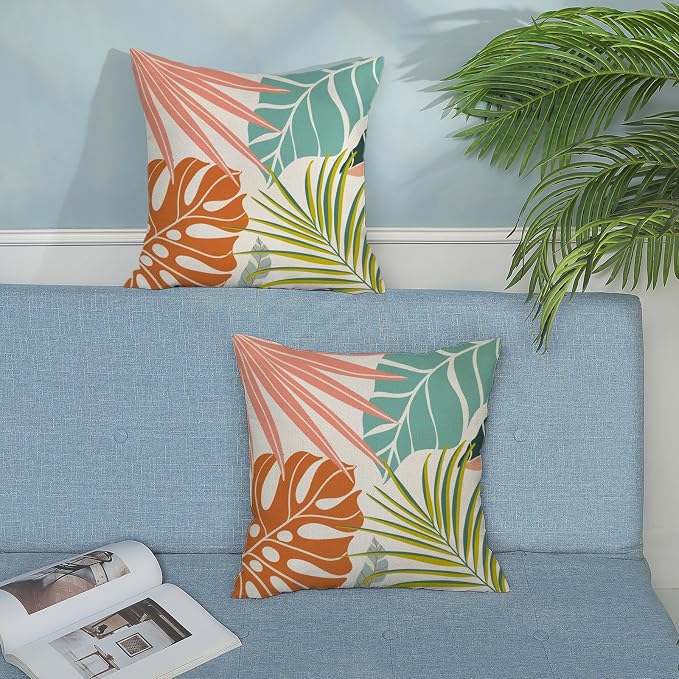 Summer Tropical Pillow Covers 18x18 Set of 2, Monstera Palm Leaf Pillowcase Green Orange Botanical Coral Summer Throw Pillows Outdoor Decor Farmhouse Cushion Case Linen Decorative for Home