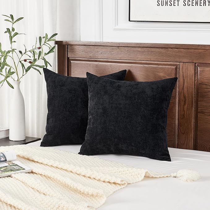 GAWAMAY Decorative Throw Pillow Covers 16x16 Inch Set of 2, Super Soft Chenille Pillows Farmhouse Fall Square Pillowcase for Living Room Bedroom Sofa Couch Cushion Cover Black 40x40cm (No Insert)