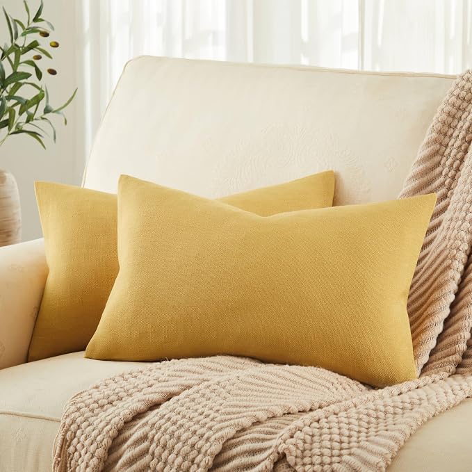 Rustic Linen Lumbar Pillow Covers Set of 2, Yellow 12x20in | Textured Pillow Case, Rustic Cotton Linen Fabric, Modern Farmhouse Cushion Covers for Sofa Bed Living Room Home Decor