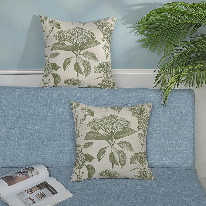Floral Pillow Covers 24x24 Set of 2 Vintage Sage Green Hydrangea Herbs Botanical Throw Pillow Cover Outdoor Decoration Boho Flower Pillowcase Farmhouse Decorative Cushion Case for Home Couch
