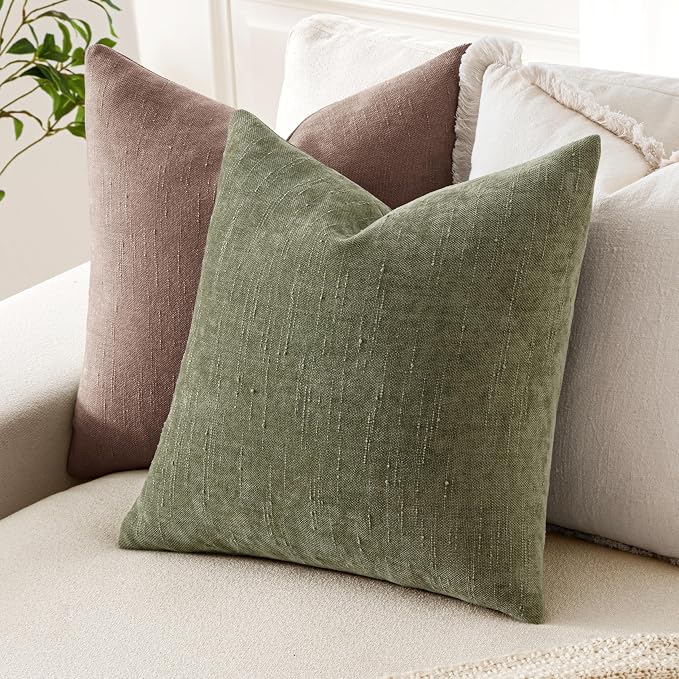 MIULEE Textured Chenille Throw Pillow Covers 20x20 Inch Olive Green | Pack of 2 Decorative Soft Throw Pillows, Solid Textured Cushion Covers, Modern Home Decor for Couch Sofa Bedroom Living Room