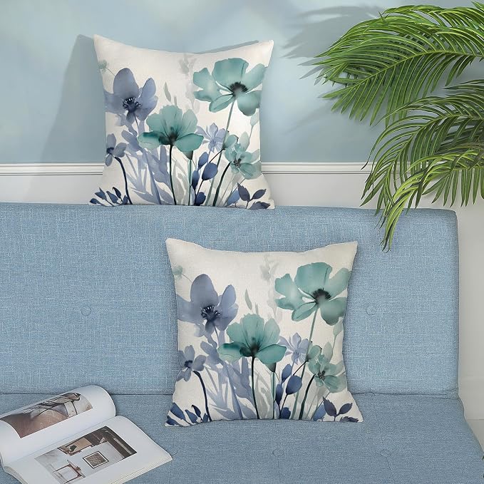 Spring Floral Pillow Covers 18x18 Inches Set of 2 Blue Teal Floral Throw Pillow Cover Outdoor Summer Flower Decoration Pillowcase Farmhouse Decorative Square Cushion Cover for Home Couch Sofa