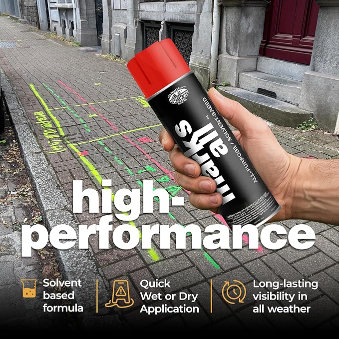 Fox Valley 18oz Marks All Solvent-Based Marking Paint Spray, 12-Pack Red Fluorescent – Long-Lasting, Weather-Resistant Spray Paint for Wet or Dry Surfaces Like Metal, Grass, Concrete, Wood, & More