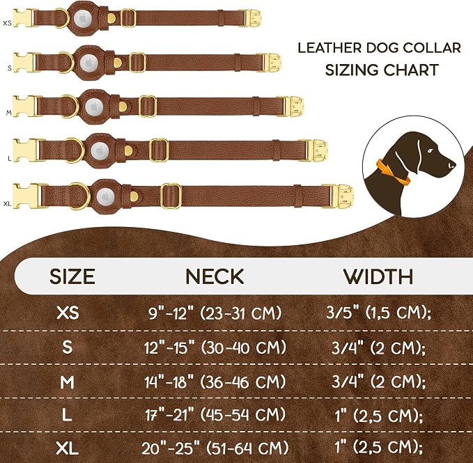 Leather Airtag Dog Collar - Soft Tracking Dog Collar with Apple AirTag Holder and Metal Buckle - Safety GPS Pet Collars for Small Medium Large Dogs Puppy Pink Red (Brown, S, 12"-15" Neck Fit)