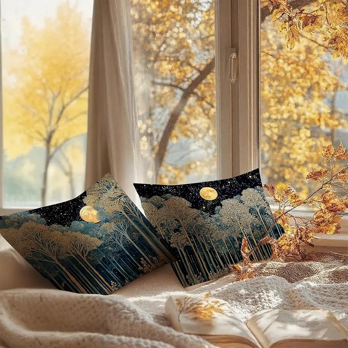 Vintage William Morris Inspired Gold Forest Moon Pillow Covers 18x18 Set of 2,Rustic Black and Gold Botanical Moon Nature Landscape Decorative Throw Pillow Covers for Home Bedroom Living Room
