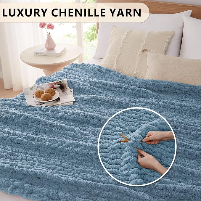 L'AGRATY Chunky Knit Throw Blanket for Couch, 80 x 90 Inches, Airy Blue | Handmade Chenille Crochet Blanket for Sofa Bed, Thick Cable Knitted Blankets for Room Home Decor, Birthday Gift for Women Mom