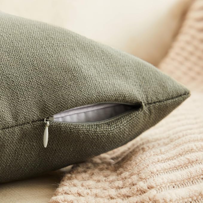 Rustic Linen Throw Pillow Covers Set of 2, Olive 22x22in | Textured Pillow Case, Rustic Cotton Linen Fabric, Modern Farmhouse Cushion Covers for Sofa Bed Living Room Home Decor