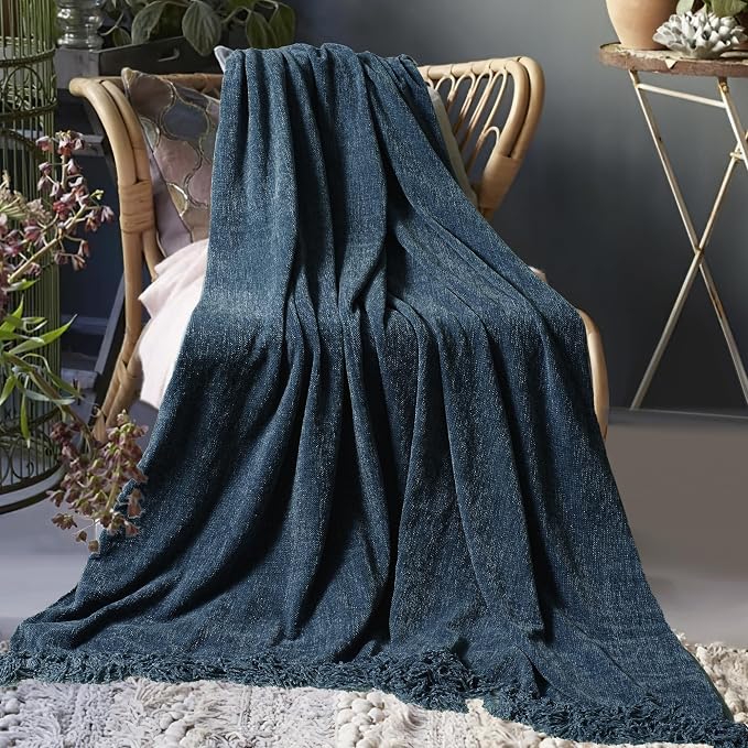 Chenille Throw Blanket for Couch 50" x 60", Navy Blue | Soft Cozy Warm Throws with Fringe Tassel, for Living Room Bed Sofa Chair Cover, Lightweight Knitted Decorative Boho Blankets