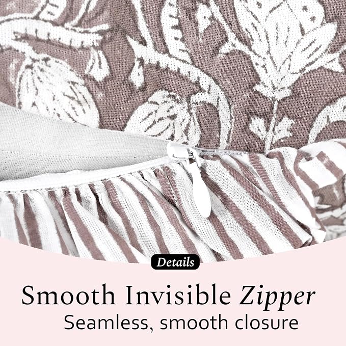 CPC Mocha Regal Hand Block Print 100% Cotton Ruffle Throw Pillow Cover 20x20 inch with Hidden Zipper Decorative for Couch, Bed, Sofa, Farmhouse, Cottagecore Decor Gift Christmas Fall Thanksgiving