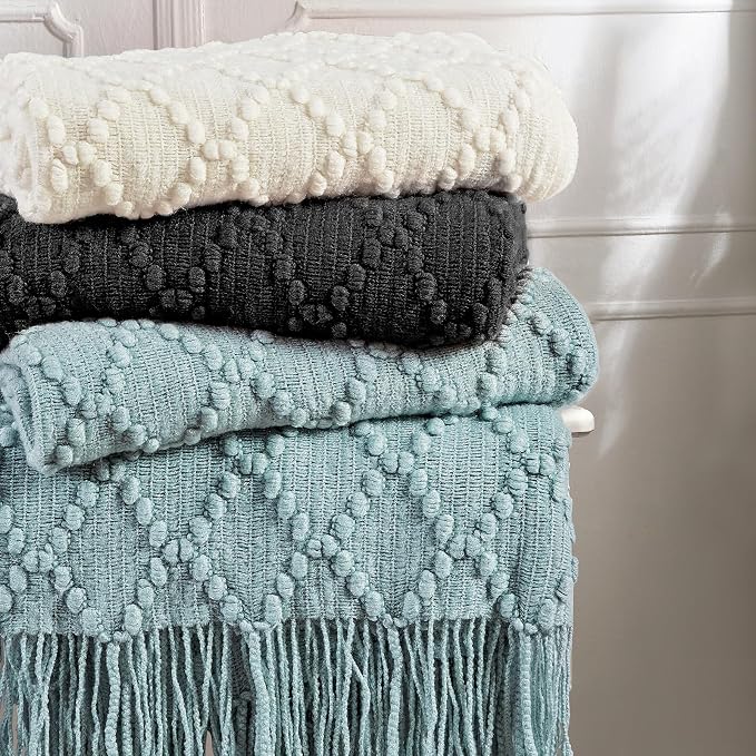 BOURINA Black Throw Blanket 50 x70 Inch Jacquard Throw Knitted Blanket | Jacquard Argyle Throw Textured Solid Soft Throws and Blankets for Sofa or Bed Knitted Decorative Blanket