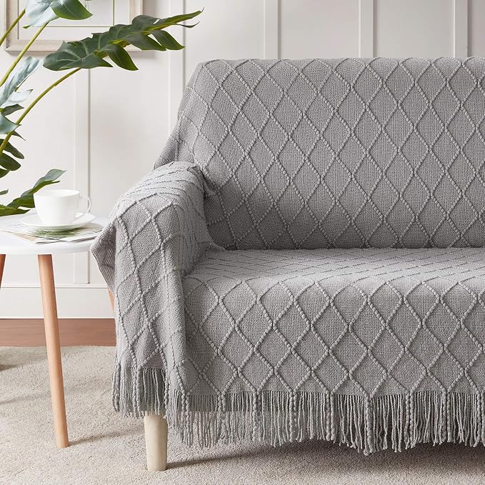 BOURINA Light Grey Throw Blanket 50x60 Inch Knitted Soft Throw Sofa Blanket | Knitted Throw Blanket 50x60 Inches, Soft Lightweight Boho Weave Throw Decorative Couch Blanket for Living Room Bedroom Chair