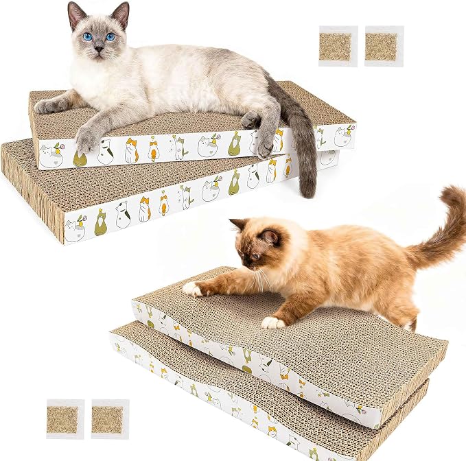 PatiencET Cat Scratcher Cardboard Pads, 4-Pack Mixed Flat and Wavy | Flat and Curved Profiles, Four-Piece Variety, Stretching and Lounging, Catnips Included