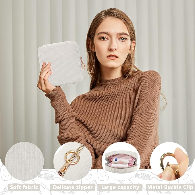 Period Bag for Girls, Corduroy Sanitary Napkin Storage Bag, Period Pouch & Tampon Holder, Feminine Care Organizer（ Beige）