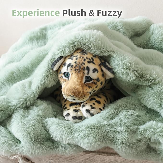 Faux Rabbit Fur Throw for Couch - Sage Green Bubble Blanket 60"x80" | Fluffy Plush Fuzzy Throw for Sofa & Bed, Super Soft Cozy Comfrt Blanket, Luxury Aesthetic Sage Green Decor Gift for Women