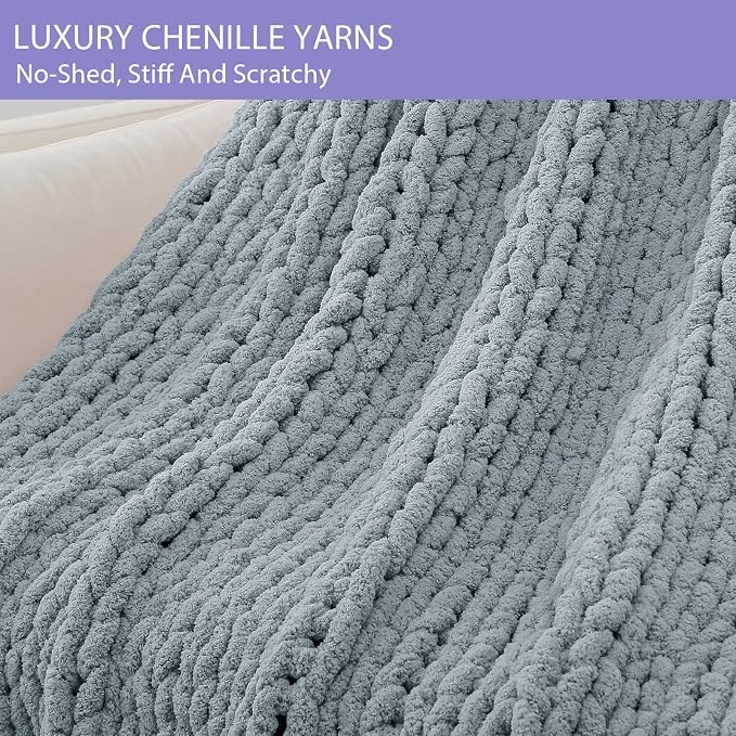 Bigacogo Chunky Knit Throw Blanket for Couch, 40x80 inches, Dusty Blue | Hand Knit with Jumbo Chenille, Soft Breathable Cable Knit for Sofa Bed Living Room, Machine Washable, Gift for Mom Friend
