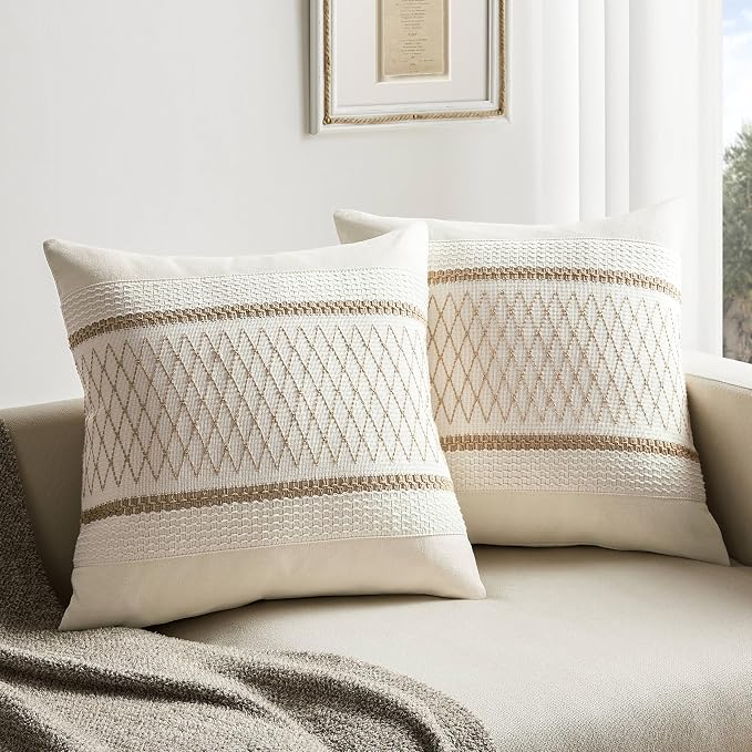 2 Pack Boho Throw Pillow Covers, Grid Brown 16x16in | Soft Breathable Cotton, Farmhouse Decorative Couch Pillow Cases, Cushion Covers for Sofa Bed Living Room Home Decor