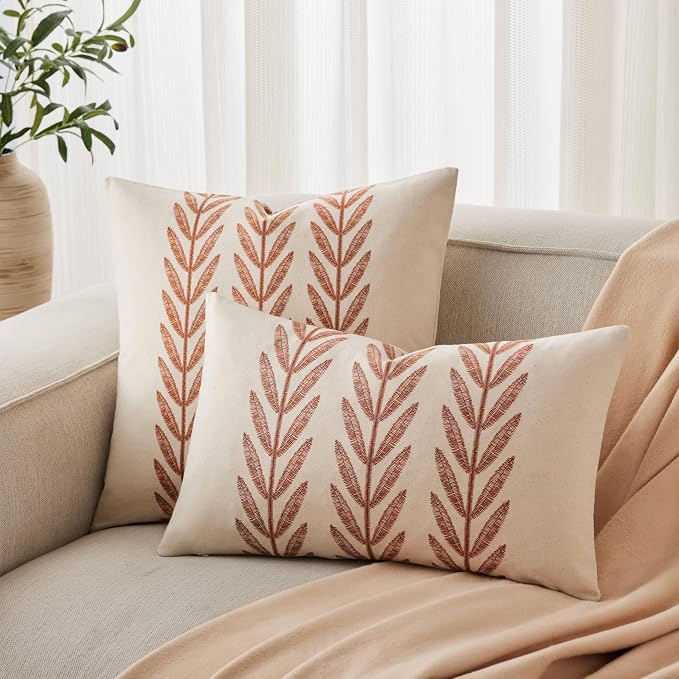 Farmhouse Leaves Throw Pillow Covers Set of 2, 24x24in Terracota | 100% Organic Cotton, Rustic Accent Print Pillow Case, Pastoral Decorative Cushion Covers for Sofa Bed Living Room Home Decor