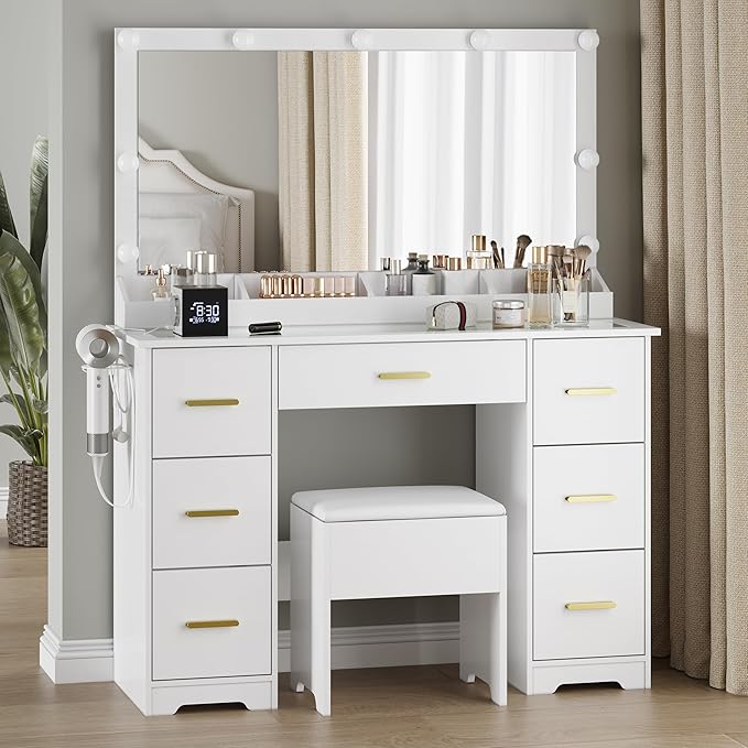 Makeup Vanity with Large Lighted Mirror and Chair, 7 Drawers Vanity Makeup Desk Table with Power Strip, Adjustable Lighting, and Cushioned Storage Stool for Women, Girls